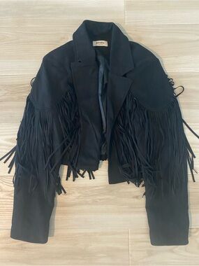 Bestto Black Fringe Cropped Jacket